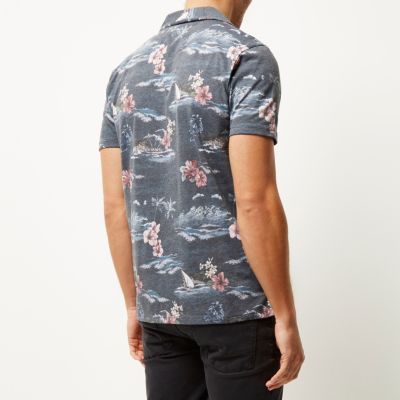 Navy Hawaiian print polo shirt